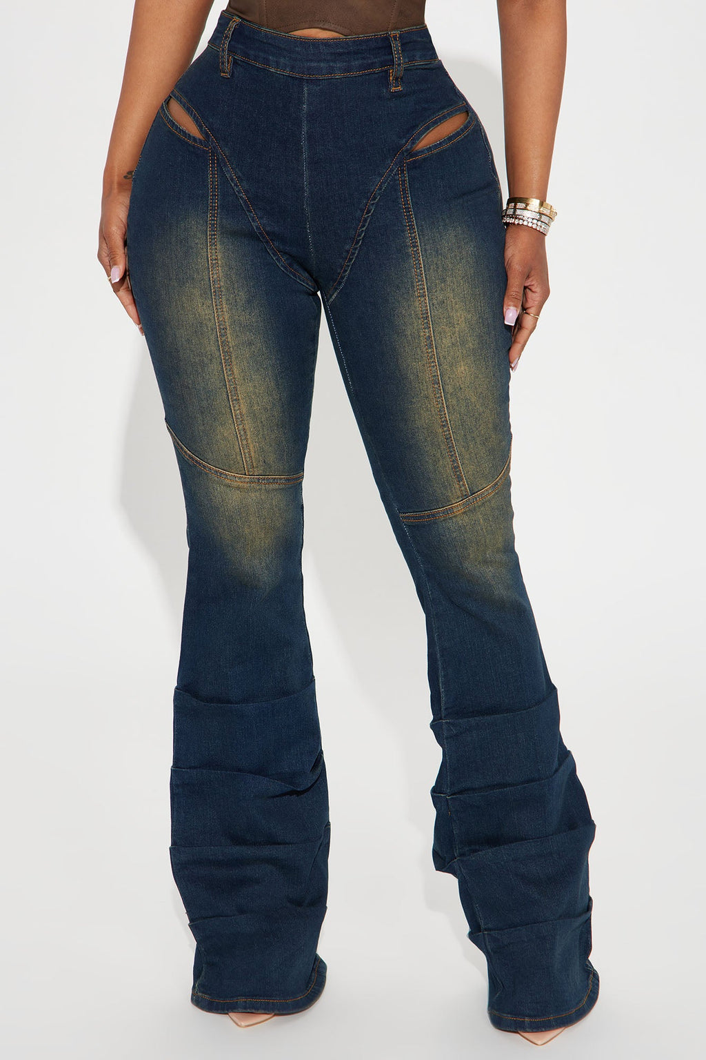 Acting Different Cut Out Stacked Flare Jeans - Dark Wash
