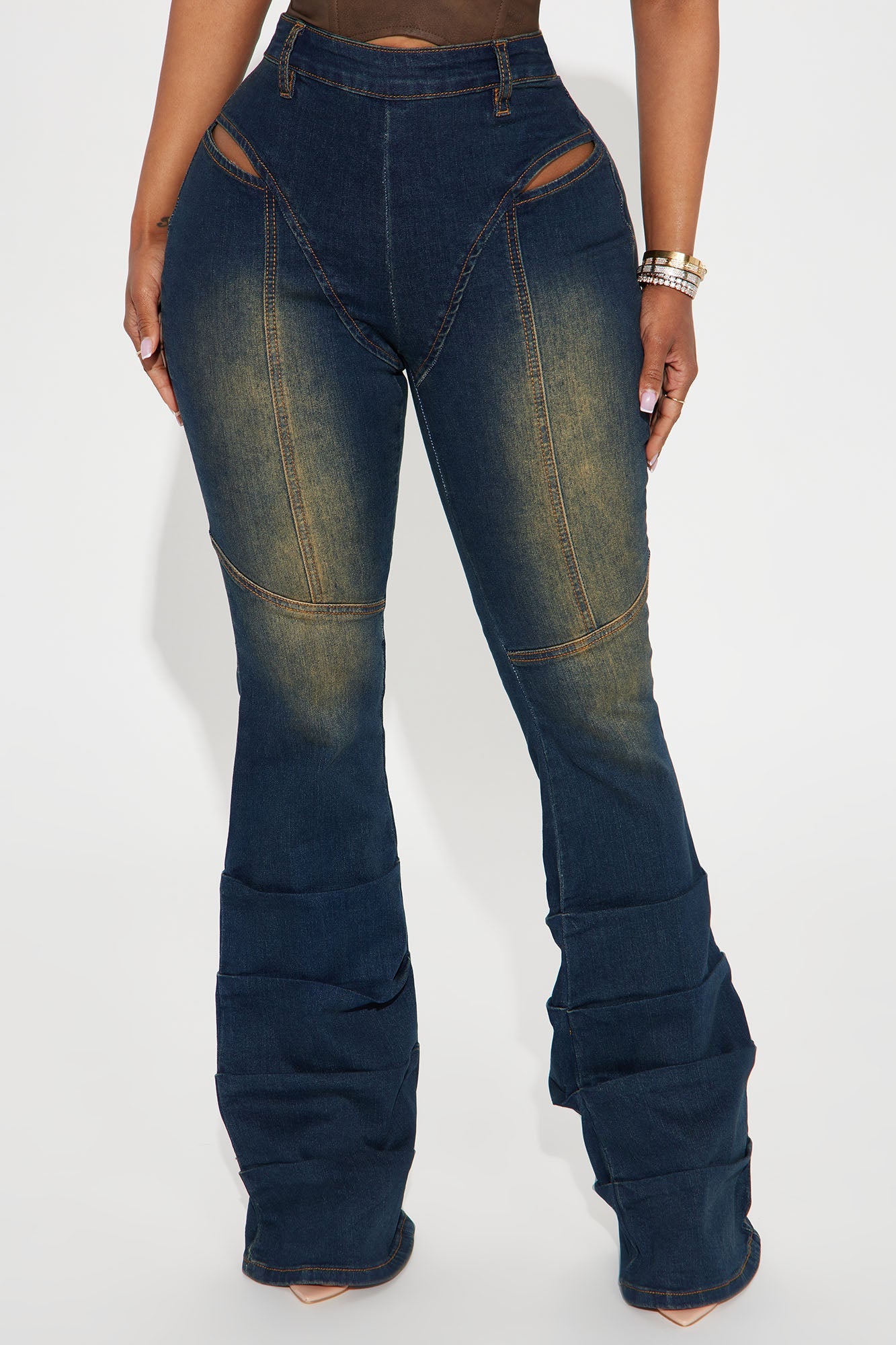Acting Different Cut Out Stacked Flare Jeans - Dark Wash