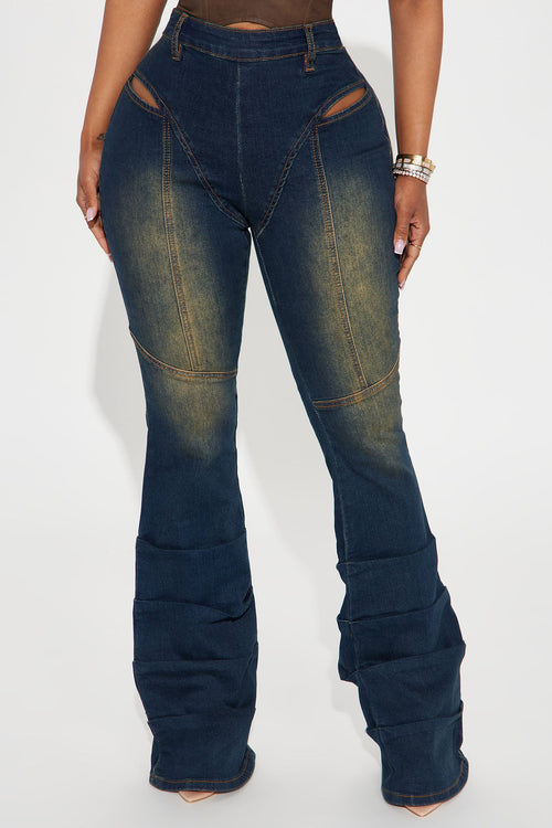 Acting Different Cut Out Stacked Flare Jeans - Dark Wash