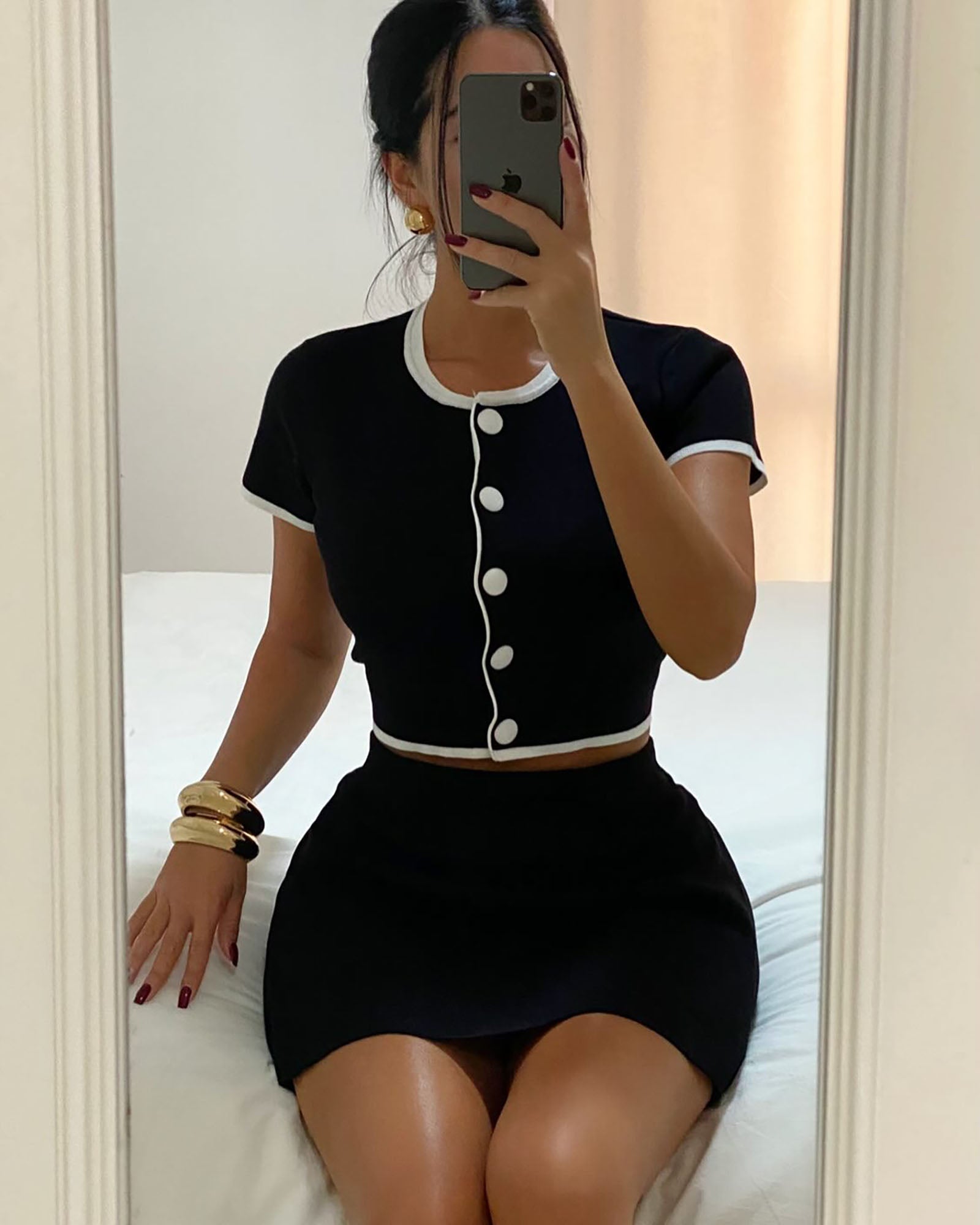 Audrey Cropped Cardigan Sweater Top - Black/White