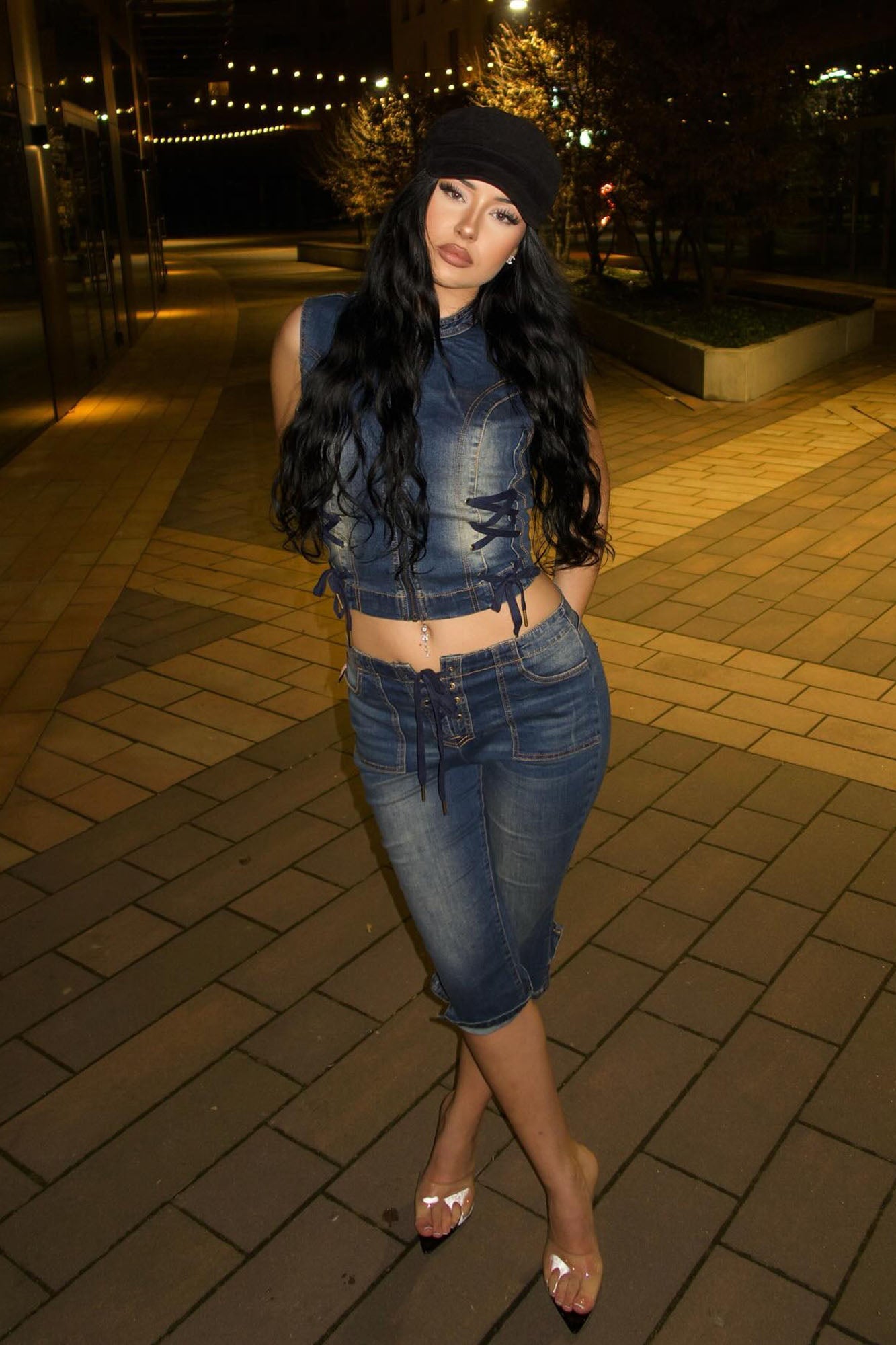 Leveled Up Lace Up Stretch Denim Capris - Dark Wash