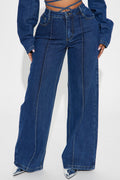 Cross Your Mind Non Stretch Wide Leg Jeans - Dark Wash