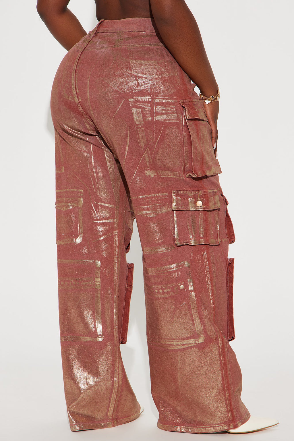 Time To Shine Foil Baggy Cargo Jeans - Burgundy