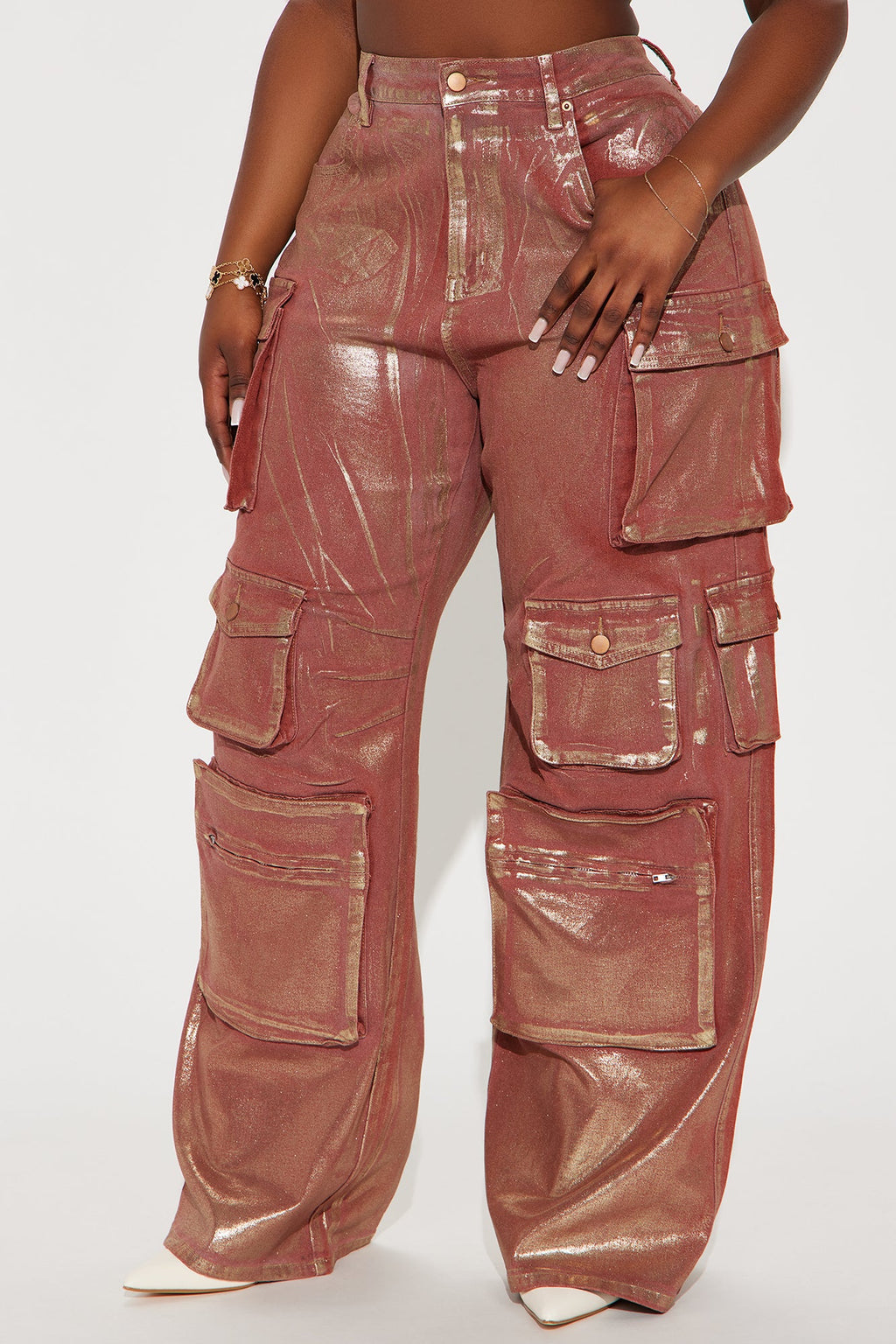 Time To Shine Foil Baggy Cargo Jeans - Burgundy
