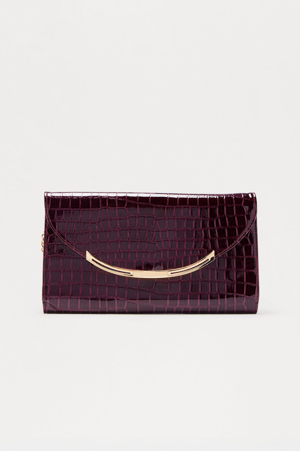 The Speakeasy Faux Patent Leather Rectangle Embossed Croc Clutch - Plum