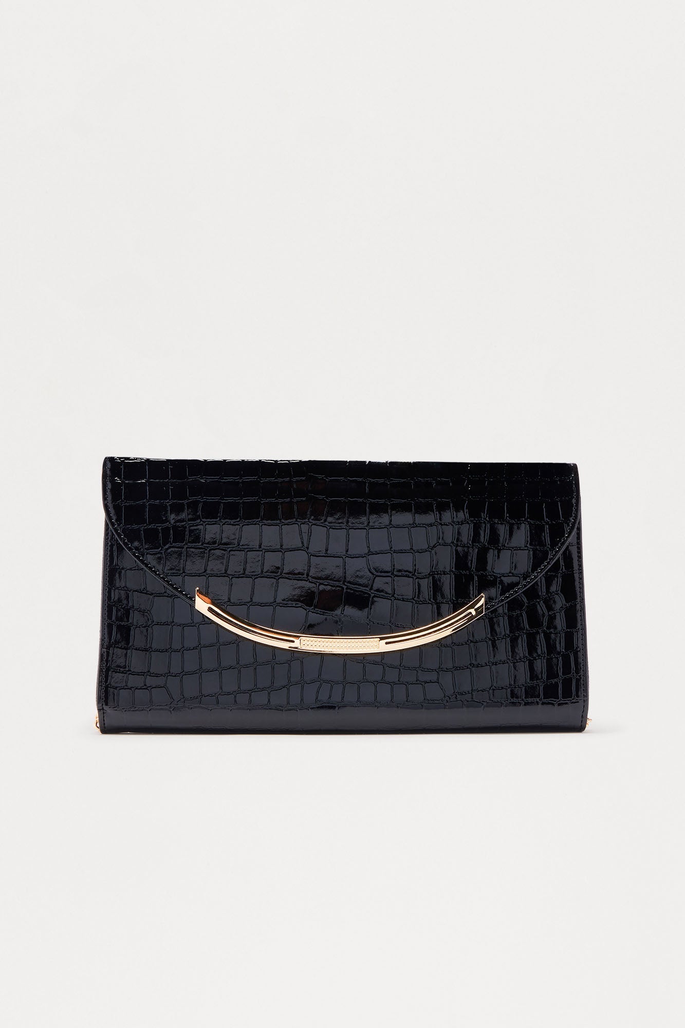 The Speakeasy Faux Patent Leather Rectangle Embossed Croc Clutch - Black