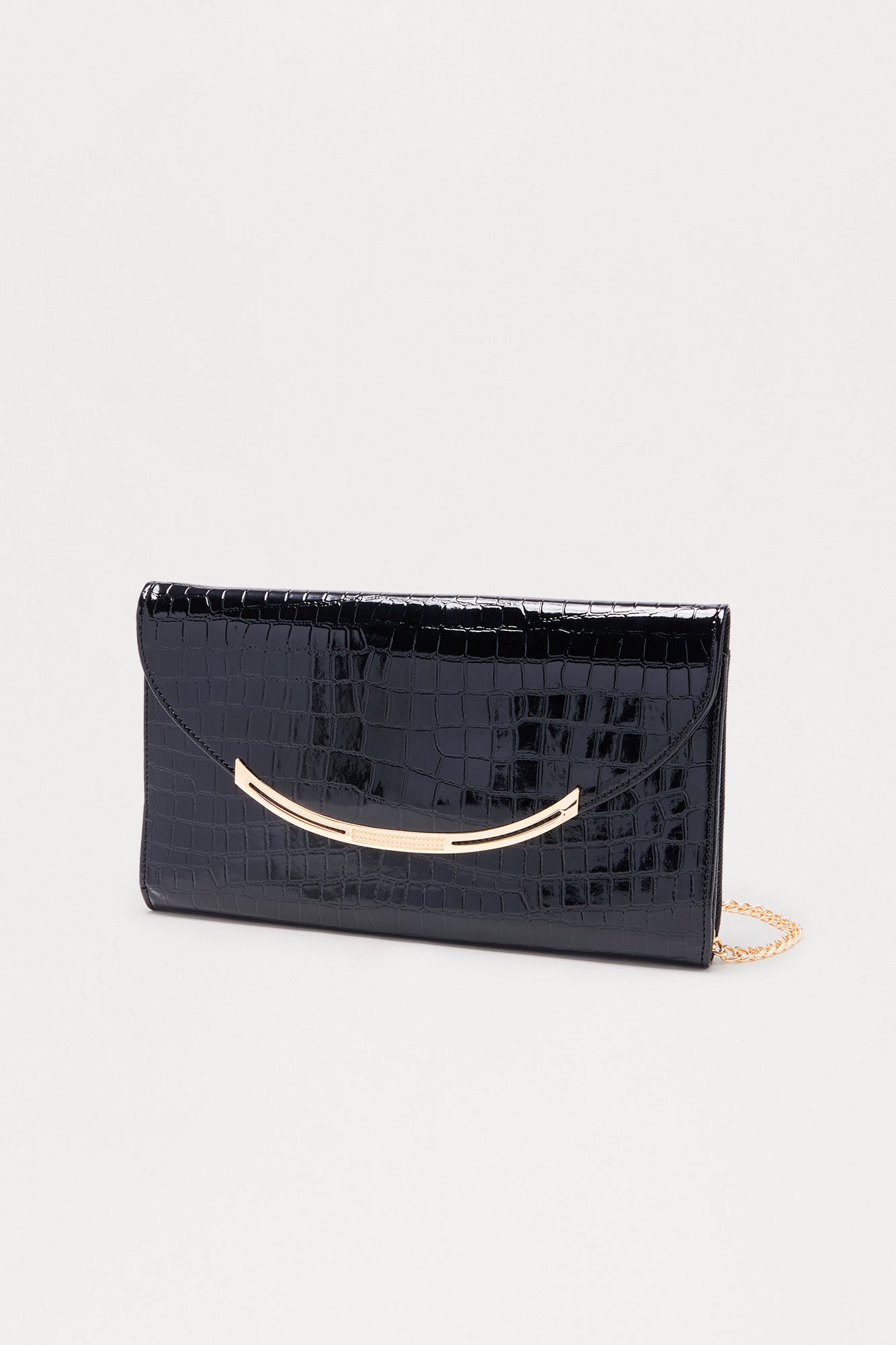 The Speakeasy Faux Patent Leather Rectangle Embossed Croc Clutch - Black