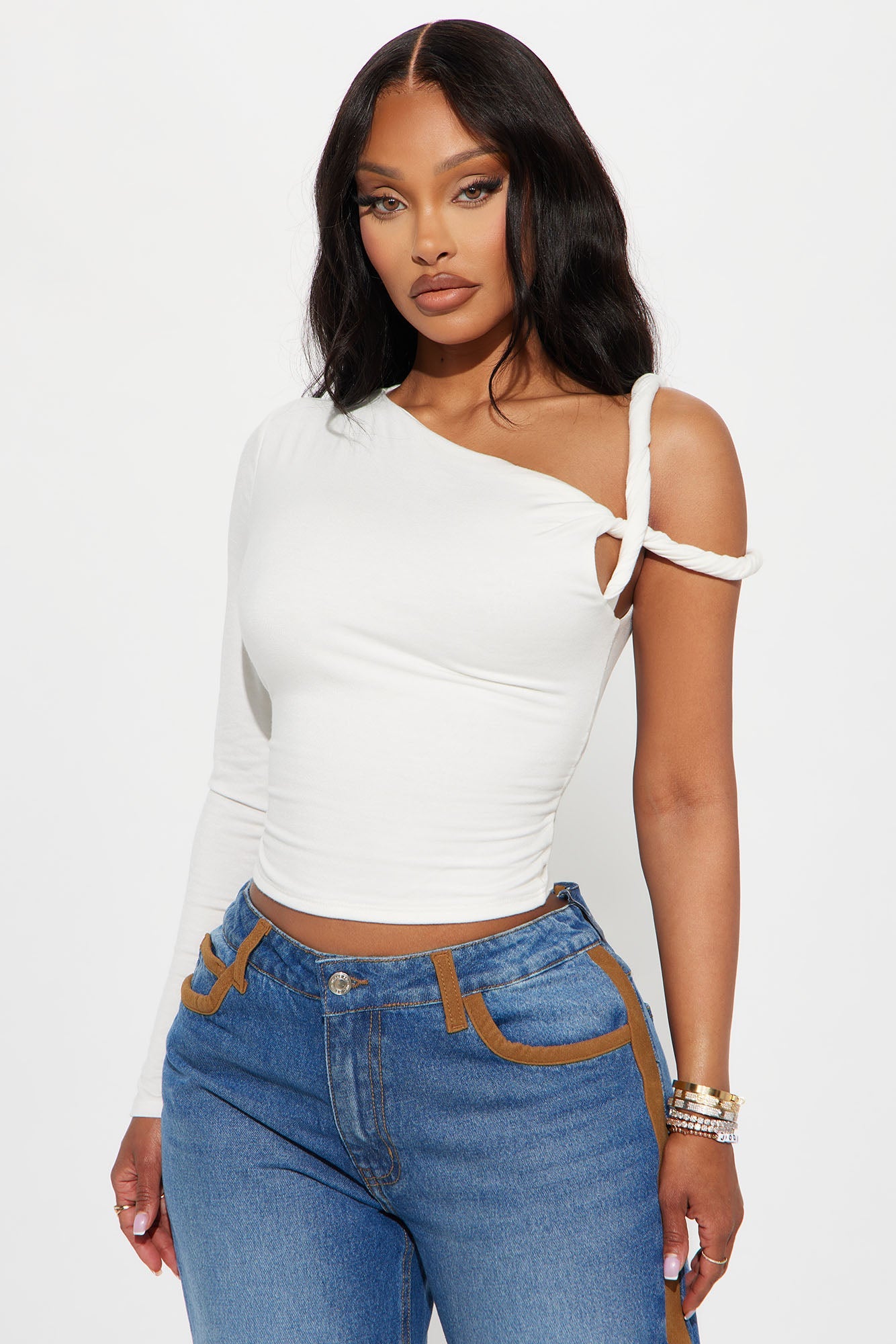 Kendra One Shoulder Long Sleeve Top - Ivory
