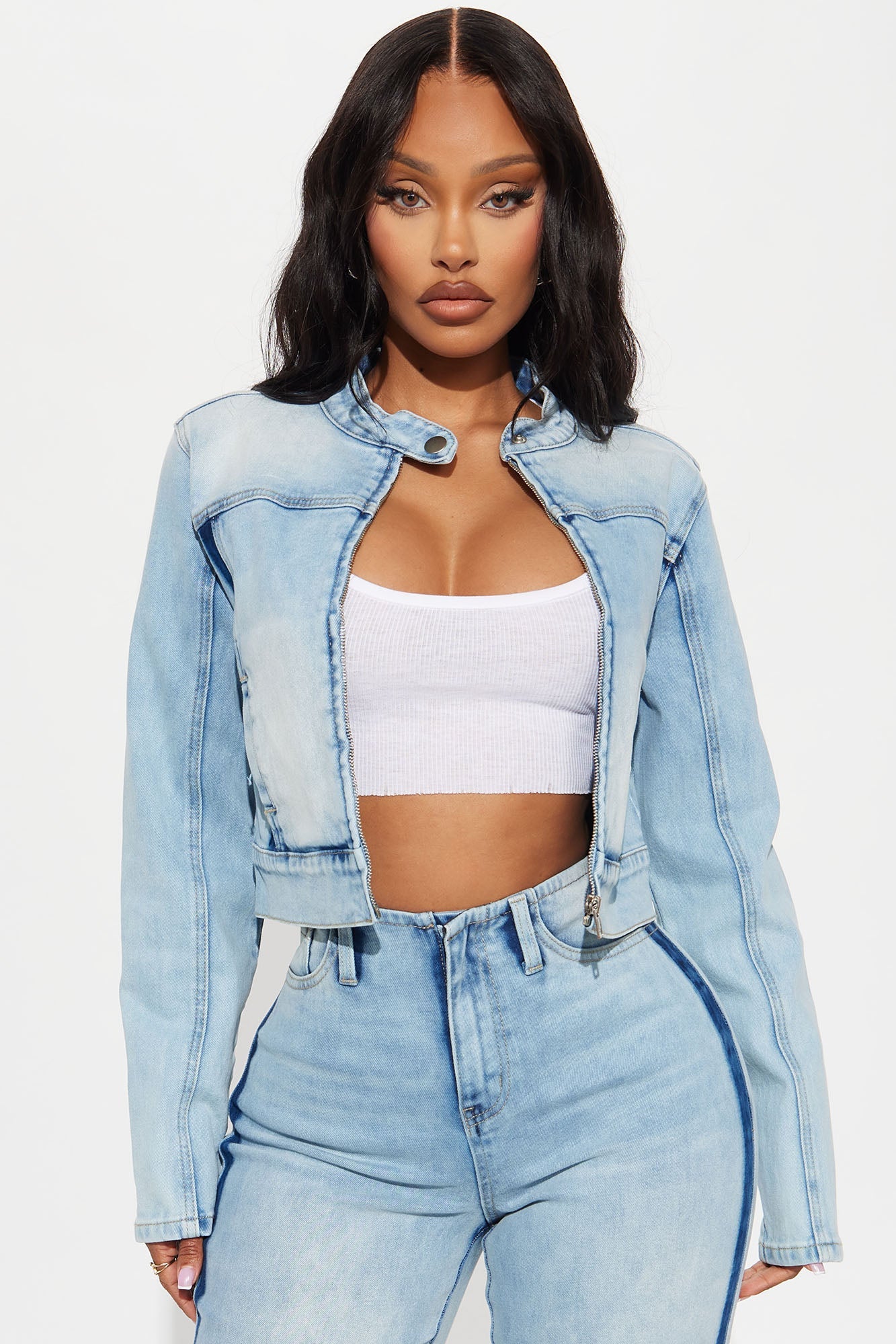 Speed It Up Stretch Moto Denim Jacket - Light Wash