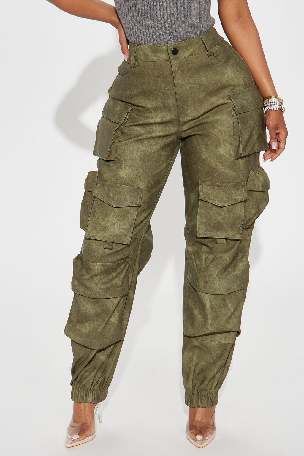Harvey Washed Faux Leather Cargo Jogger - Olive