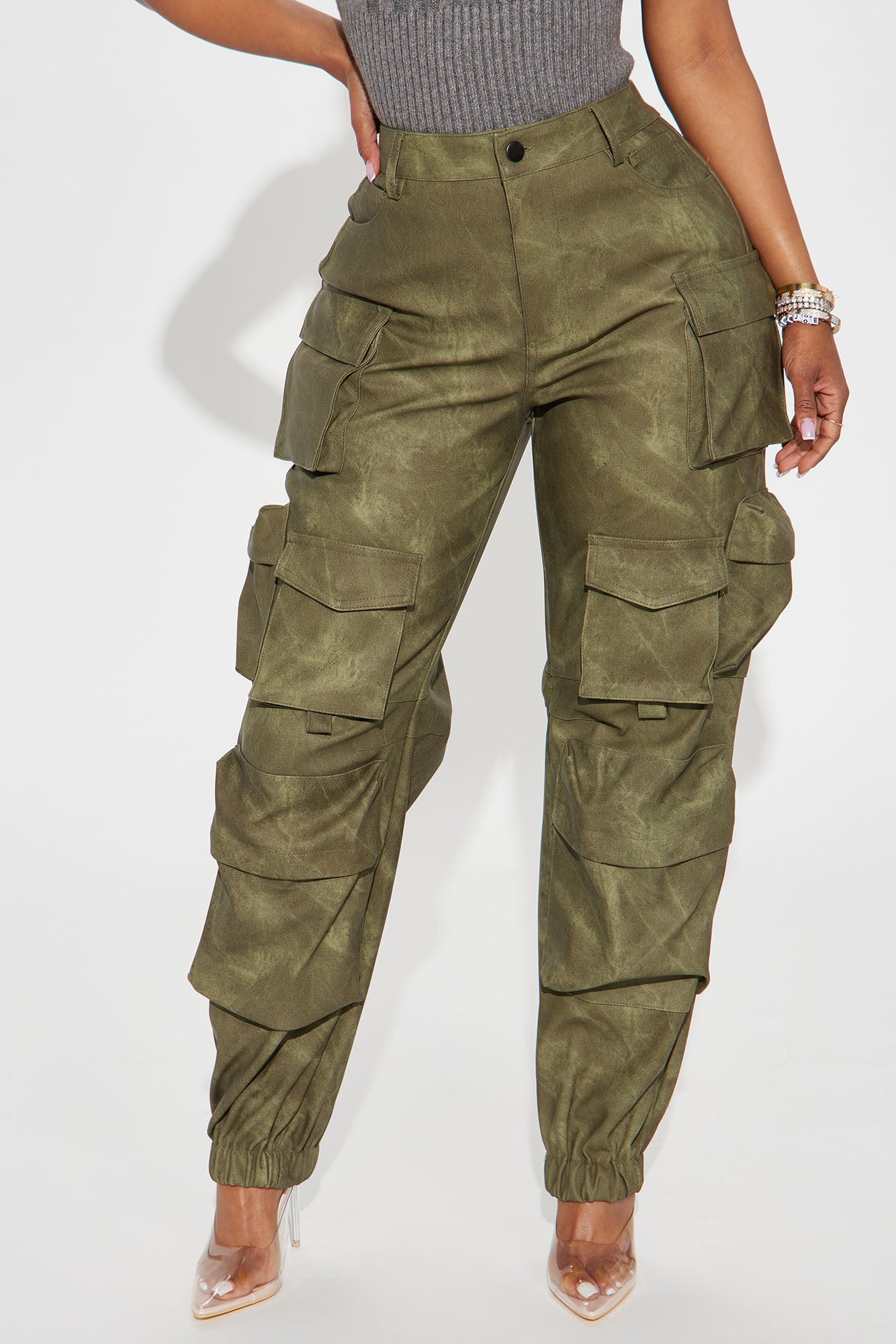 Harvey Washed Faux Leather Cargo Jogger - Olive