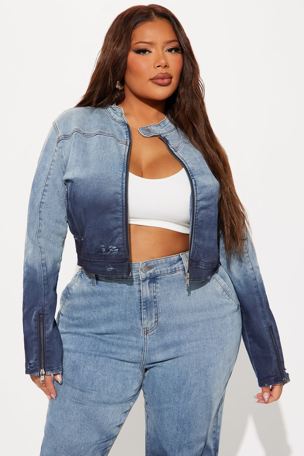 Out Of Reach Ombre Moto Denim Jacket - Medium Wash