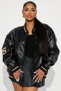 Cozy In Brooklyn Faux Leather Bomber Jacket - Black