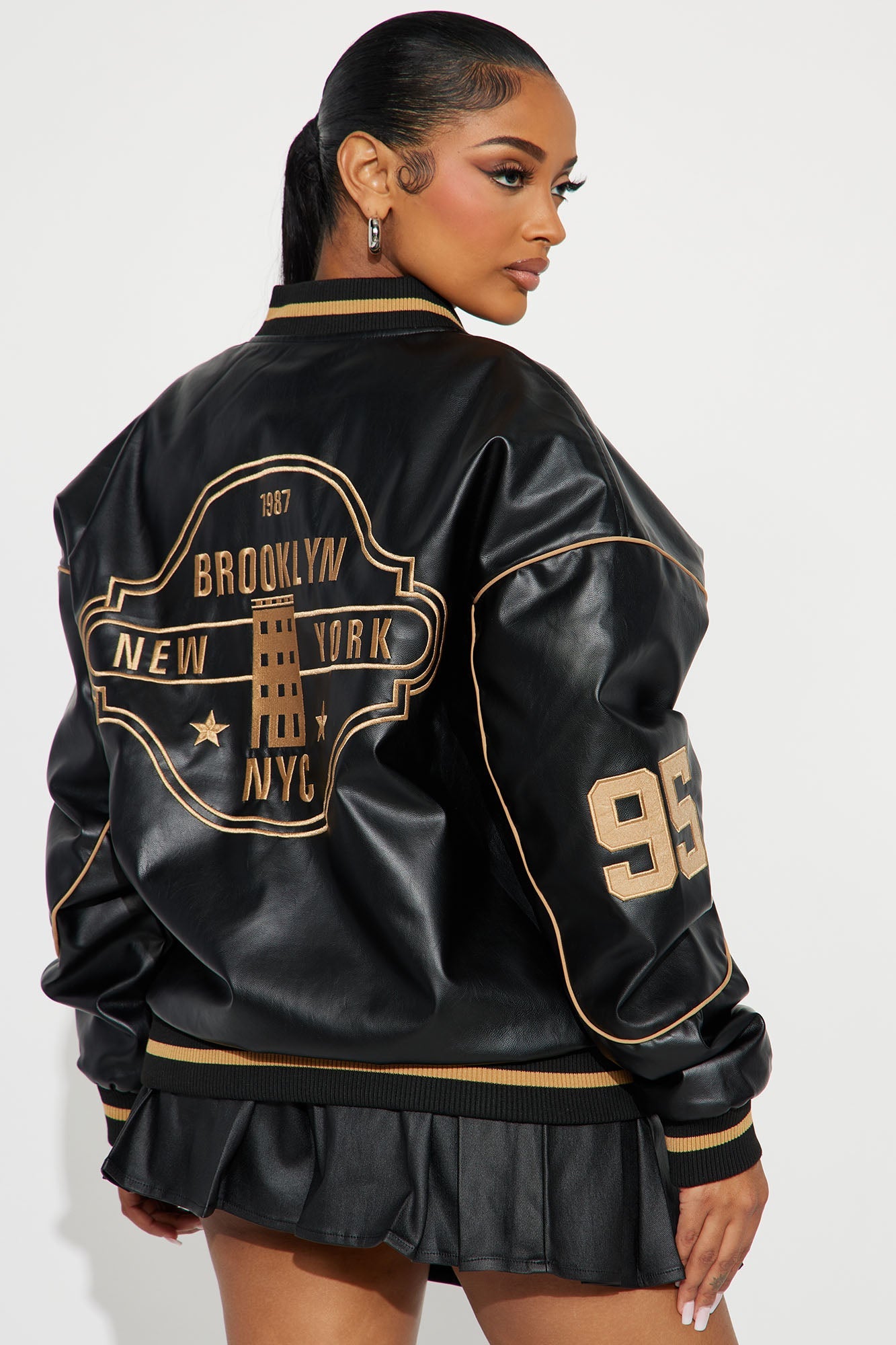 Cozy In Brooklyn Faux Leather Bomber Jacket - Black