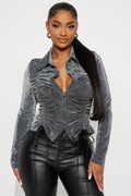 Sasha Glitter Metallic Long Sleeve Top - Gunmetal