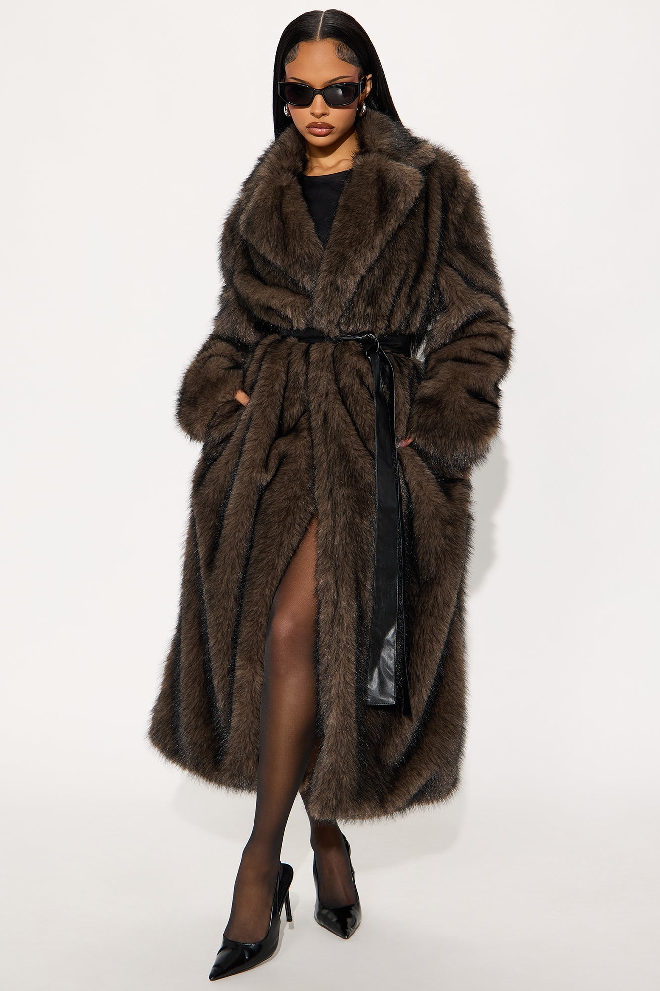 Kendall Two Toned Faux Fur Trench Coat - Brown/combo