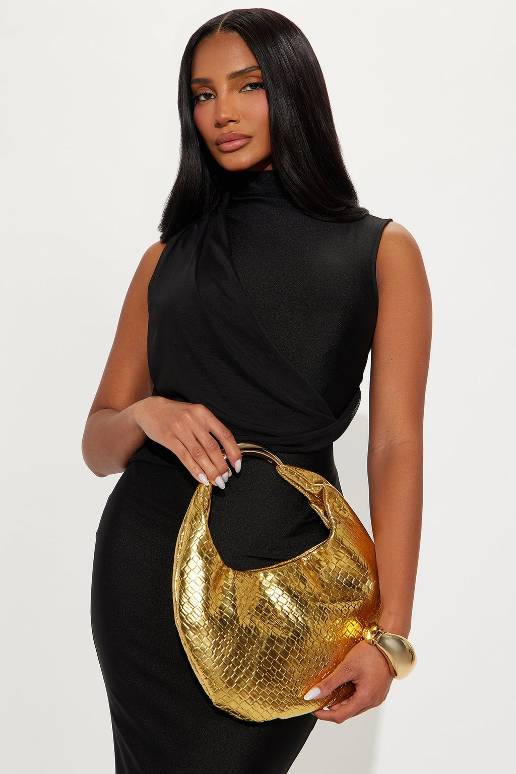 Staple Piece Woven Faux Leather Satchel Handbag - Gold