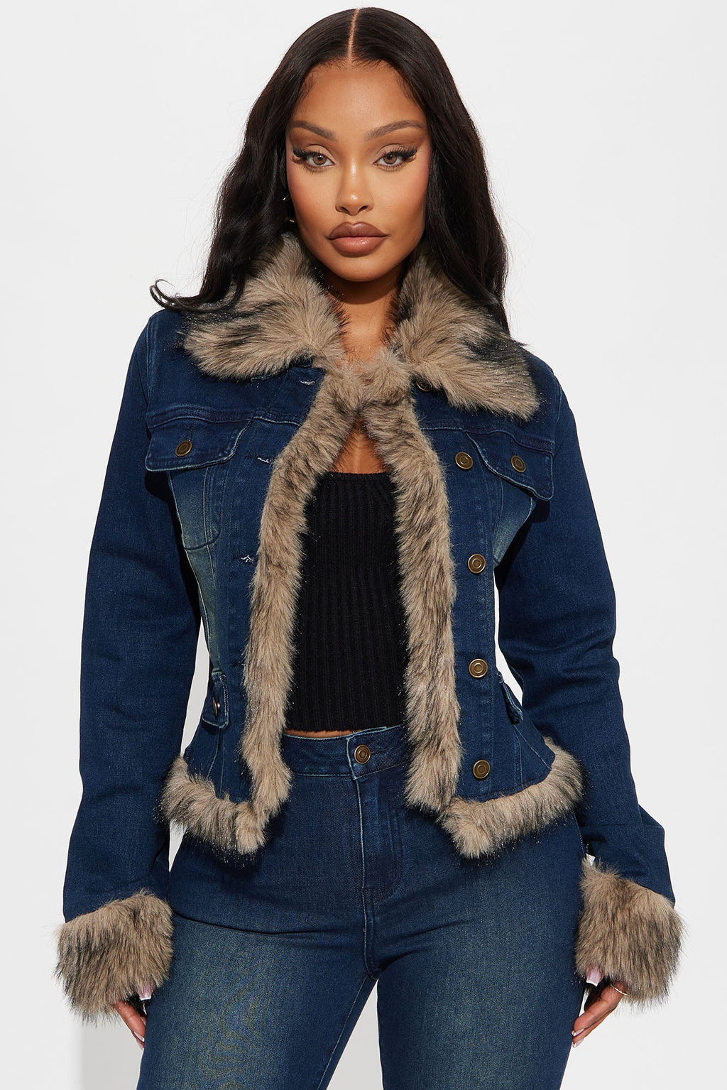 Chantel Faux Fur Trim Denim Jacket - Dark Wash