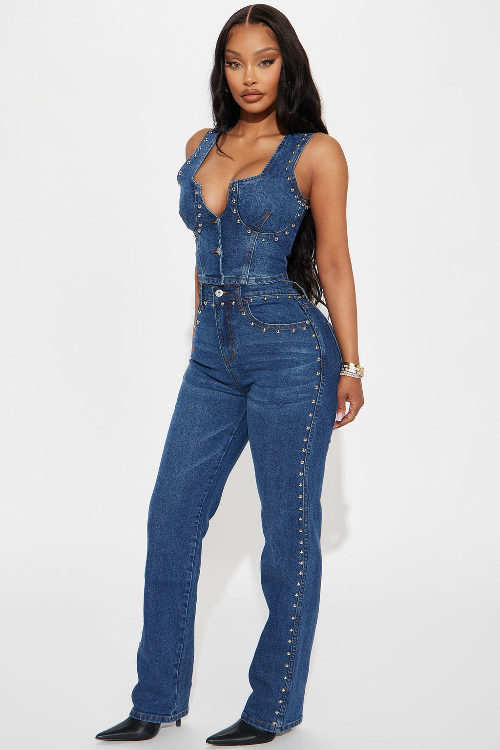 For Keeps Studded Straight Leg Jeans - Medium Wash