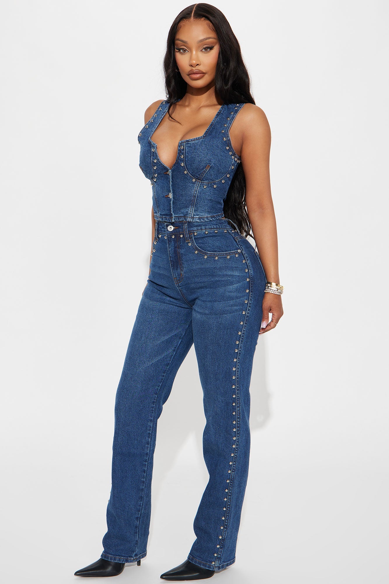 For Keeps Studded Straight Leg Jeans - Medium Wash