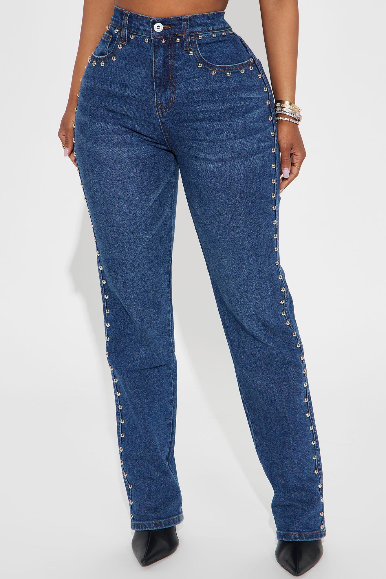 For Keeps Studded Straight Leg Jeans - Medium Wash