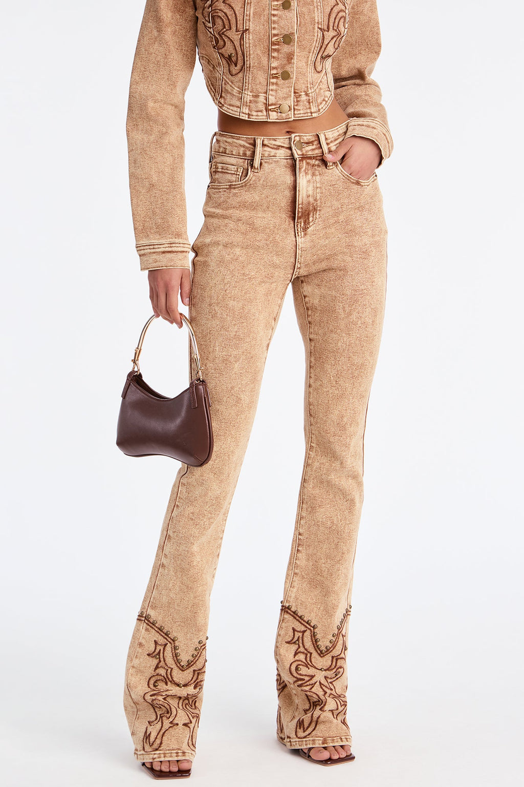 Tall Letting It Ride Stretch Embellished Flare Jeans - Brown