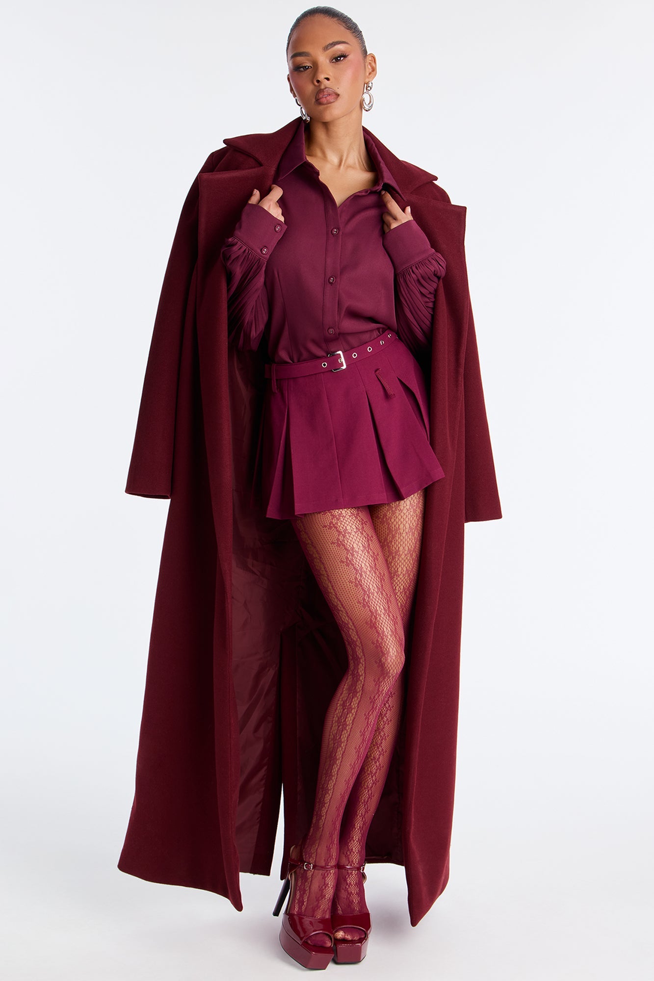 Kaylah Pleated Belted Micro Mini Skort - Burgundy