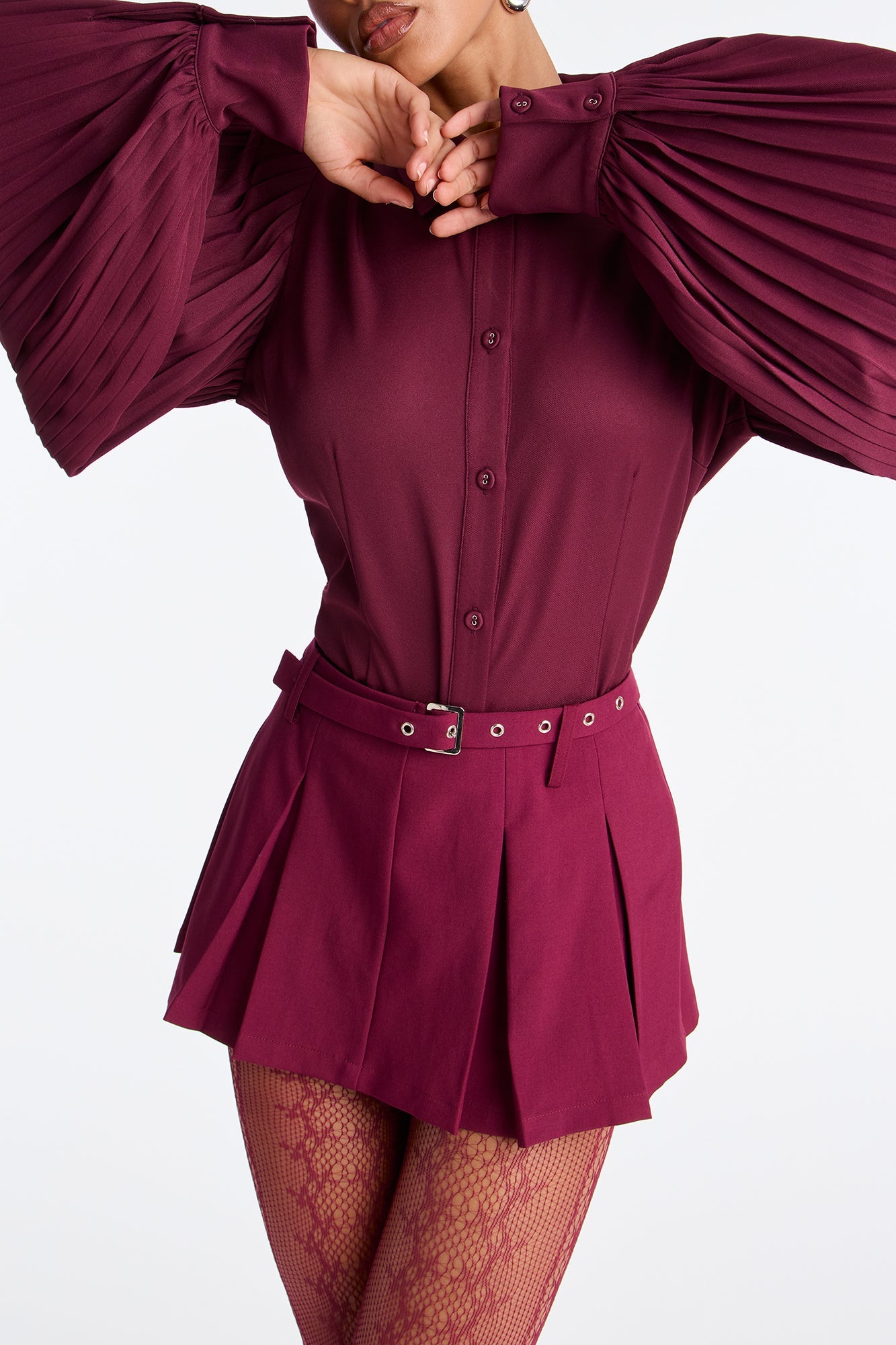 Kaylah Pleated Belted Micro Mini Skort - Burgundy