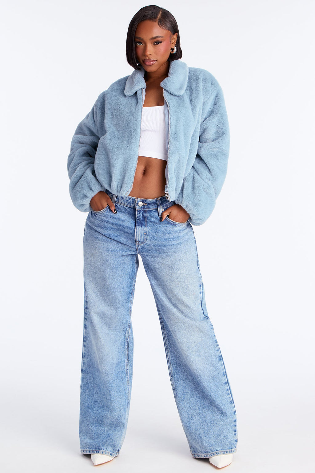 By My Side Faux Fur Bomber Jacket - Slate Blue