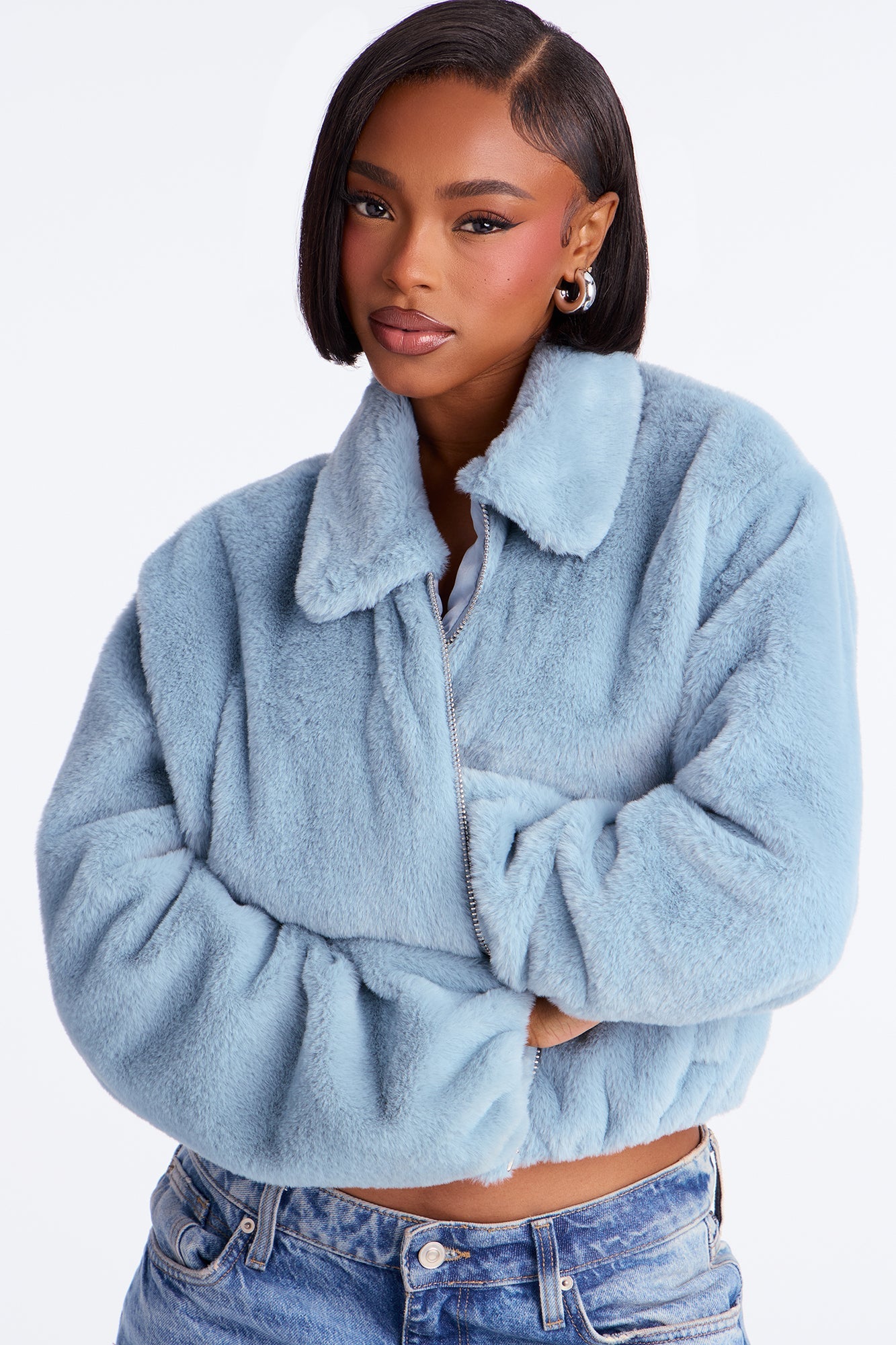 By My Side Faux Fur Bomber Jacket - Slate Blue
