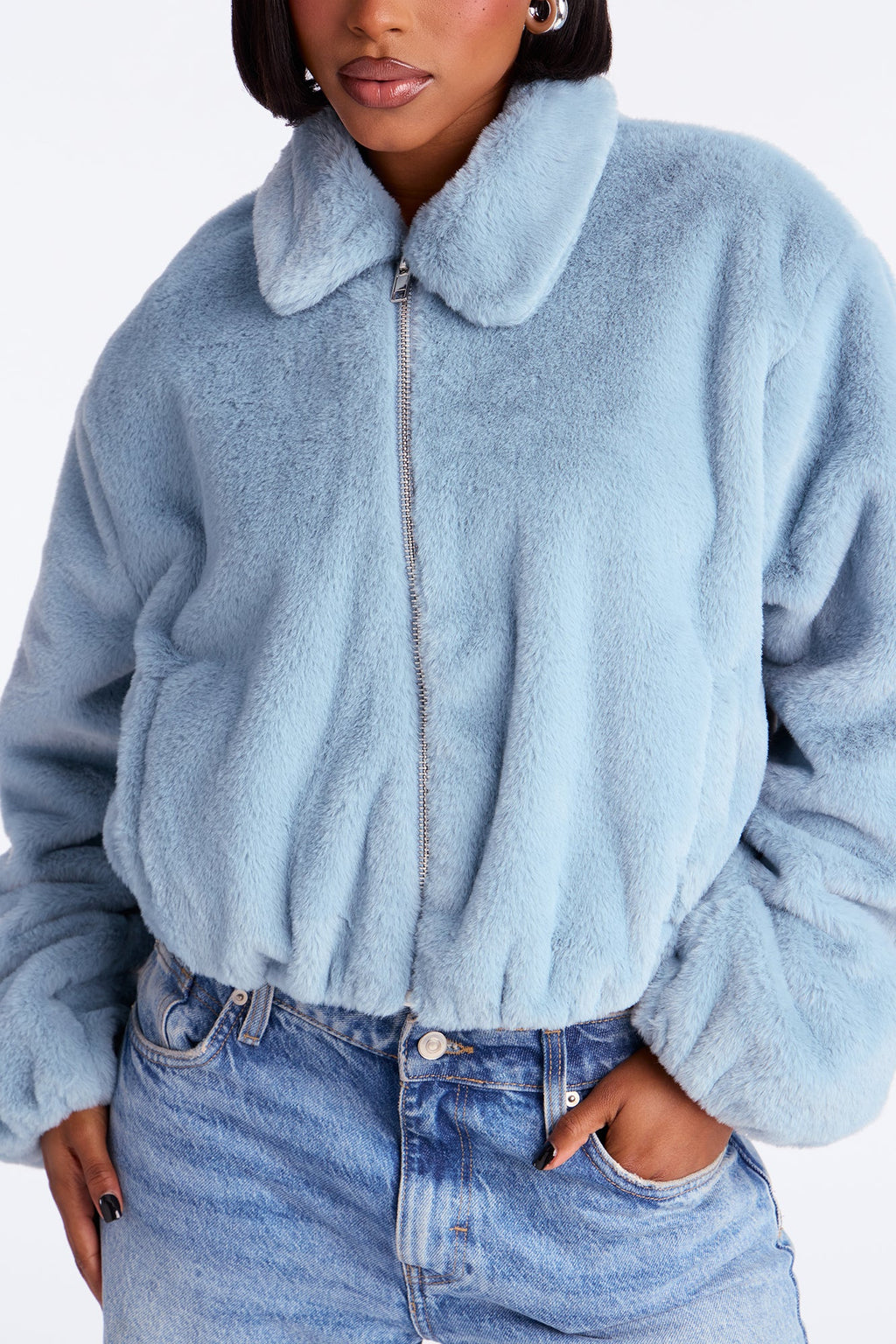 By My Side Faux Fur Bomber Jacket - Slate Blue