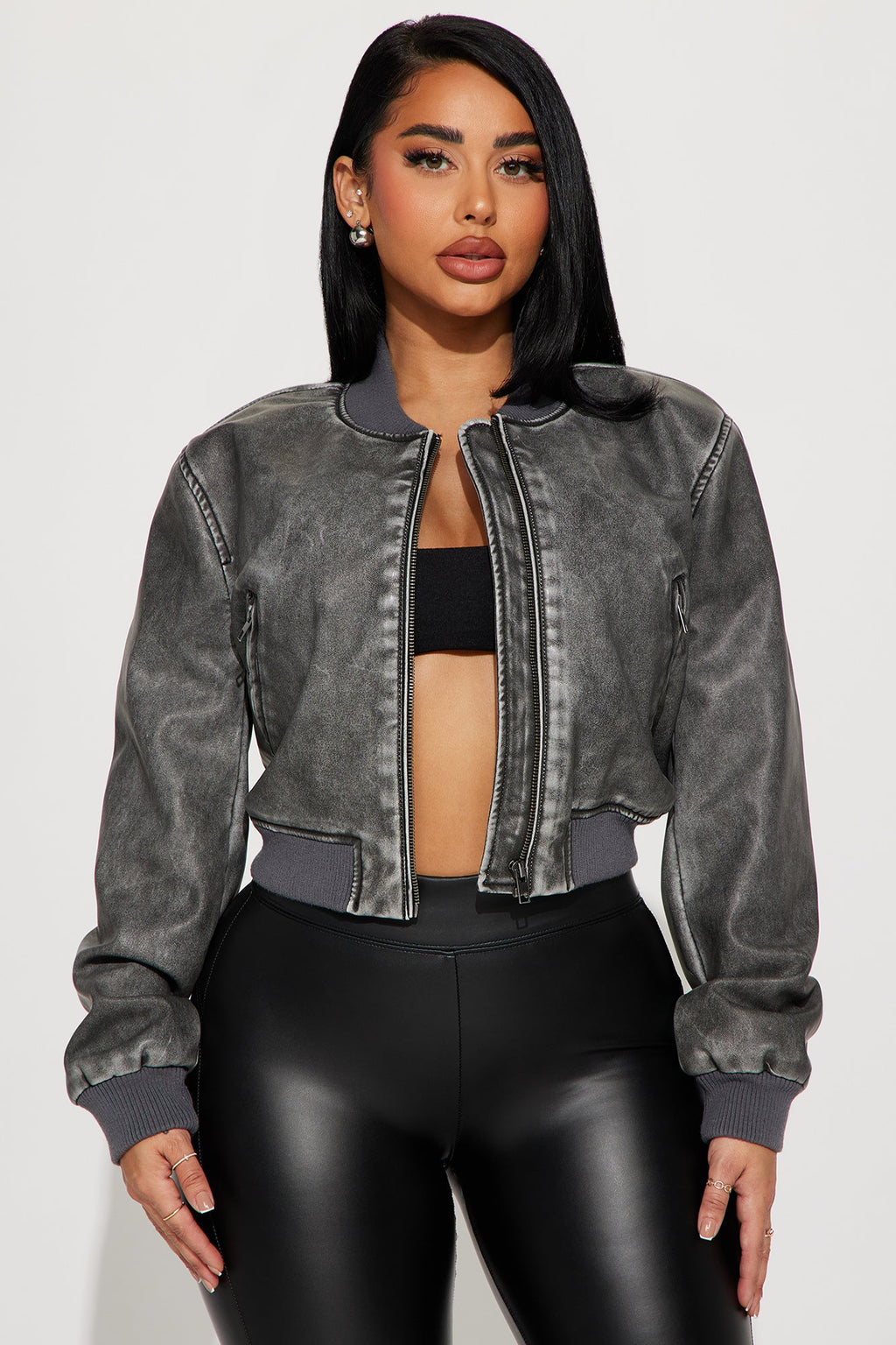 Zoe Washed Faux Leather Bomber Jacket - Grey