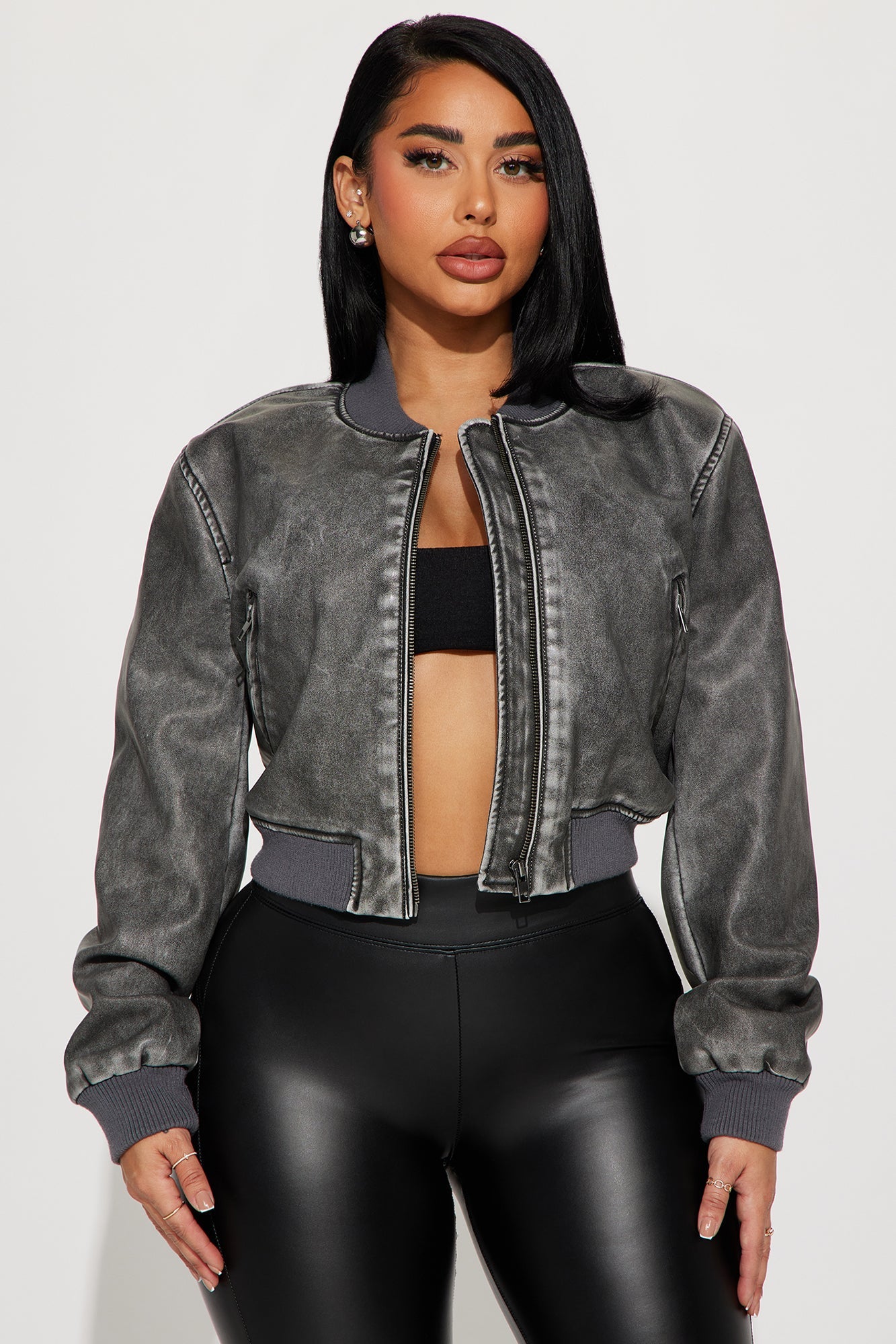 Zoe Washed Faux Leather Bomber Jacket - Grey