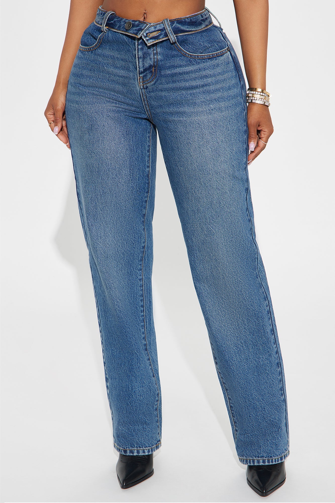 The Fold Over Straight Leg Jeans - Medium Wash