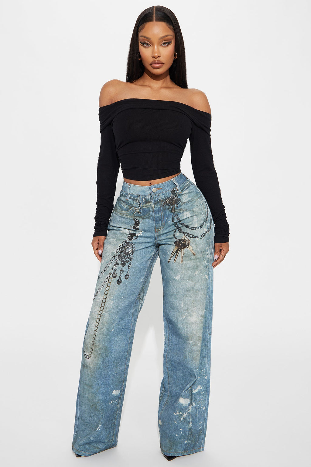 It's All An Illusion Chain Printed Denim Baggy Jeans - Medium Wash