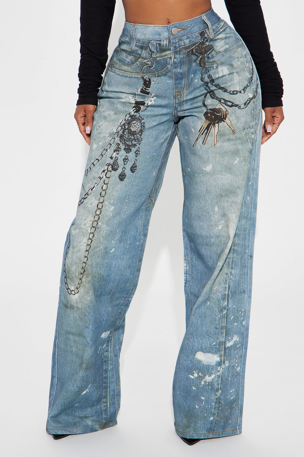 It's All An Illusion Chain Printed Denim Baggy Jeans - Medium Wash