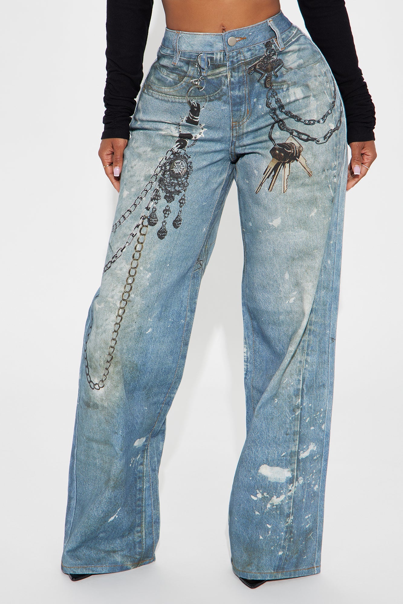 It's All An Illusion Chain Printed Denim Baggy Jeans - Medium Wash