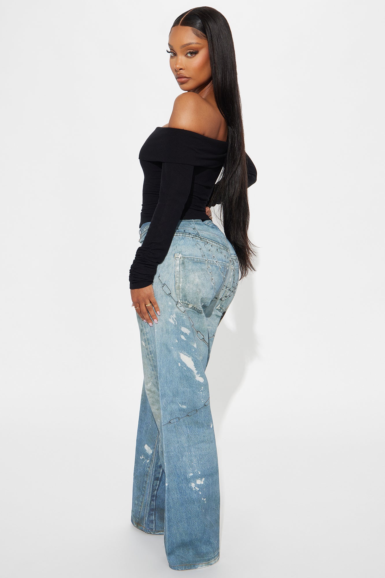 It's All An Illusion Chain Printed Denim Baggy Jeans - Medium Wash