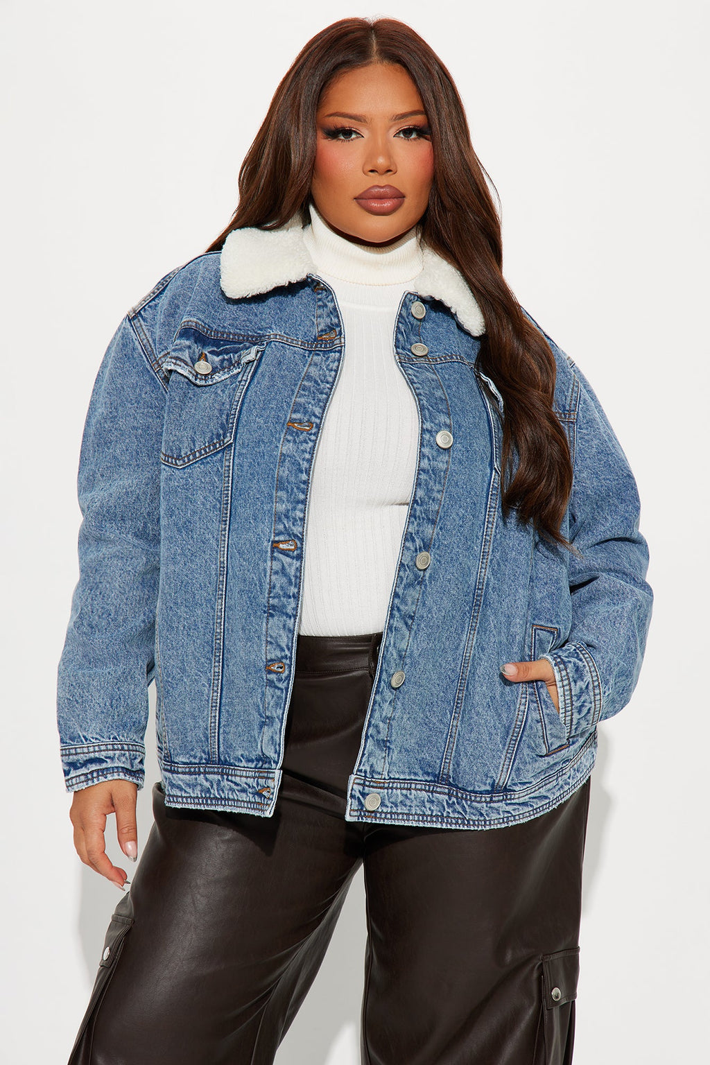 In My Zone Denim Sherpa Trucker Jacket - Medium Wash