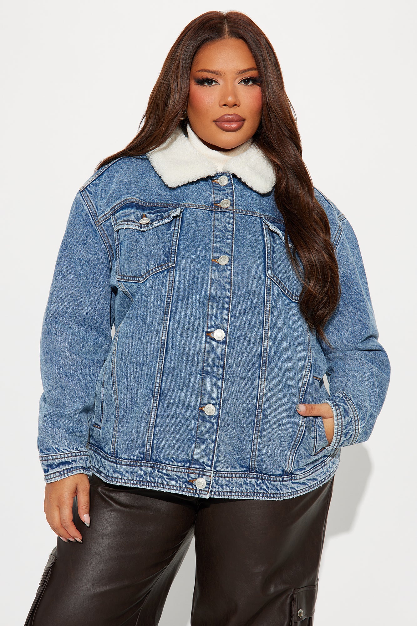 In My Zone Denim Sherpa Trucker Jacket - Medium Wash