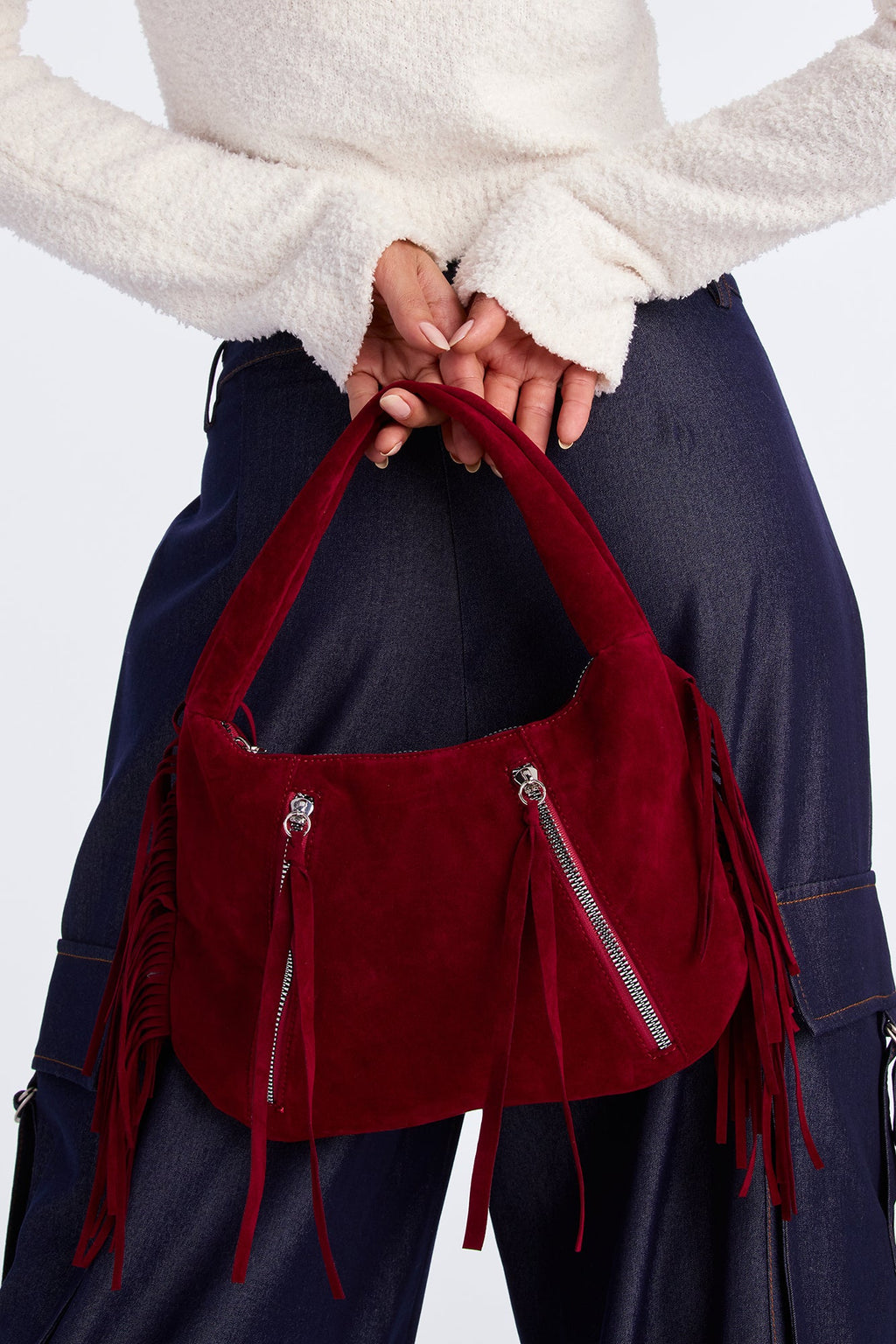 On My Mind Fringe Faux Suede Shoulder Bag - Burgundy