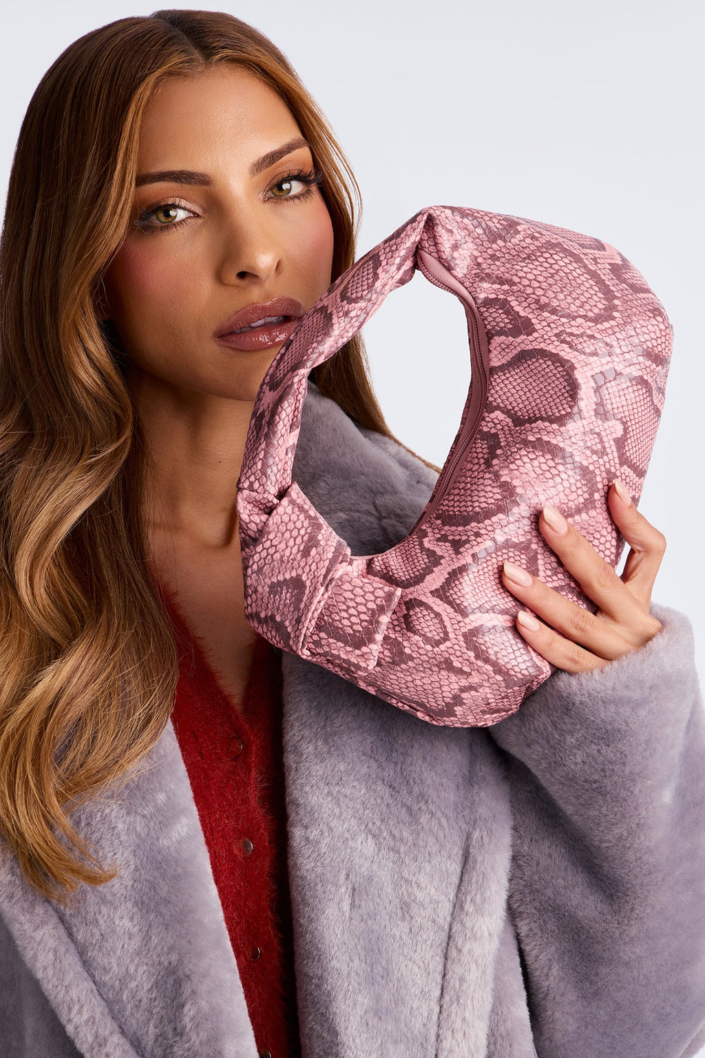 Deadly Wrap Embossed Snake Skin Shoulder Handbags - Pink/combo