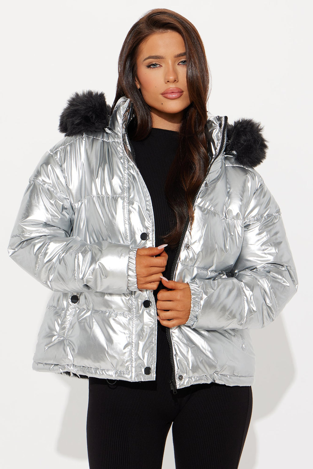 Take Notes Metallic Puffer Jacket - Silver/Multi