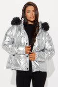 Take Notes Metallic Puffer Jacket - Silver/Multi