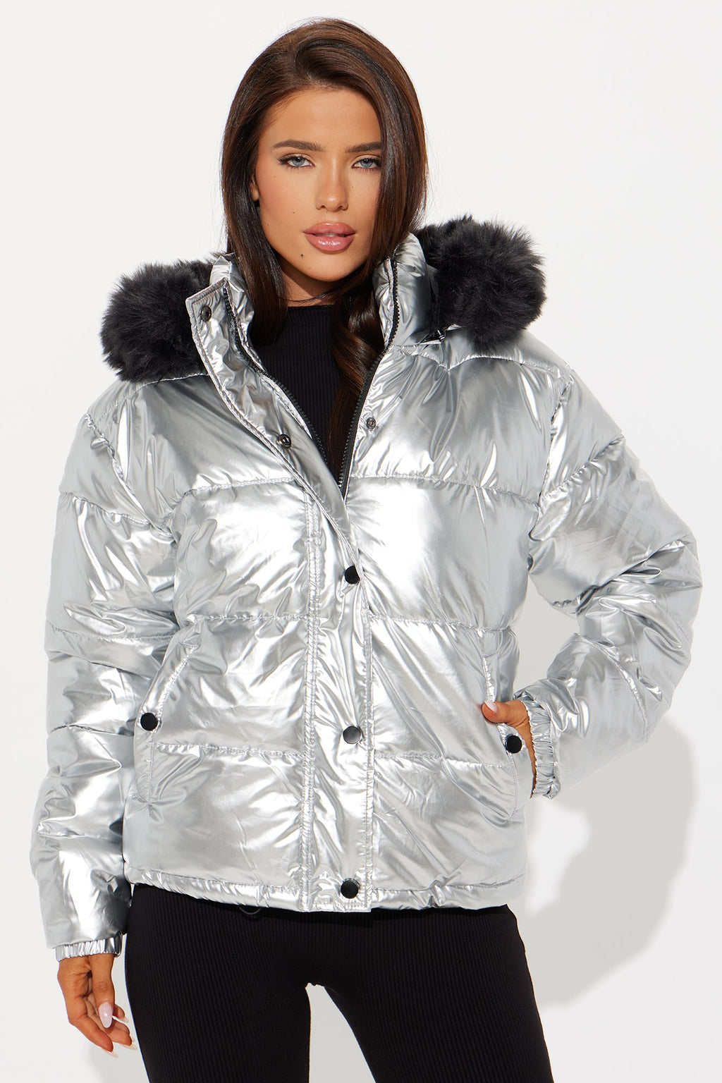 Take Notes Metallic Puffer Jacket - Silver/Multi