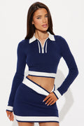 High Class Polo Sweater Skirt Set - Navy