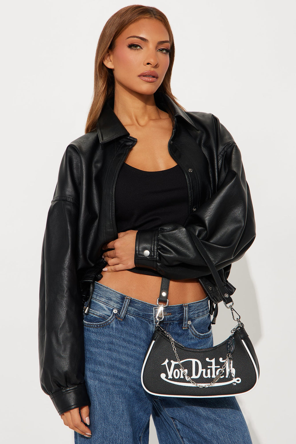 Classic Faux Leather Von Dutch Shoulder Bag - Black