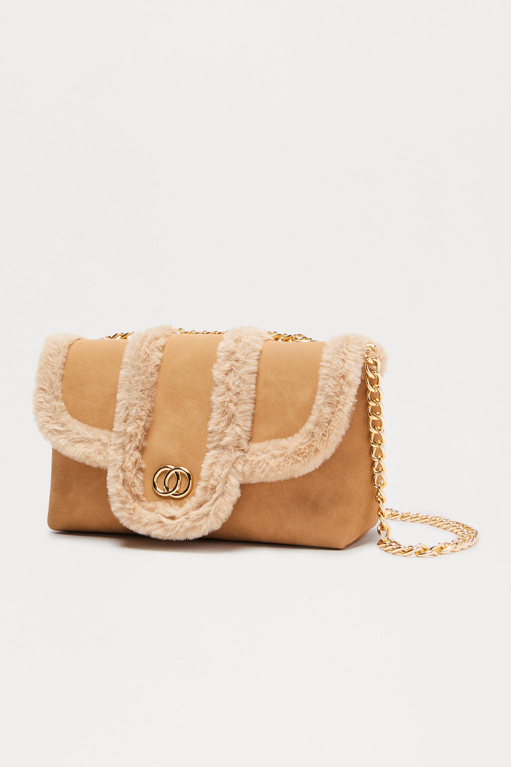 Winter Edit Faux Suede Fur Trim Shoulder Handbag - Tan