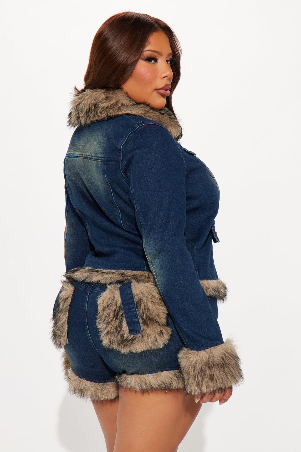 Chantel Faux Fur Trim Denim Jacket - Dark Wash