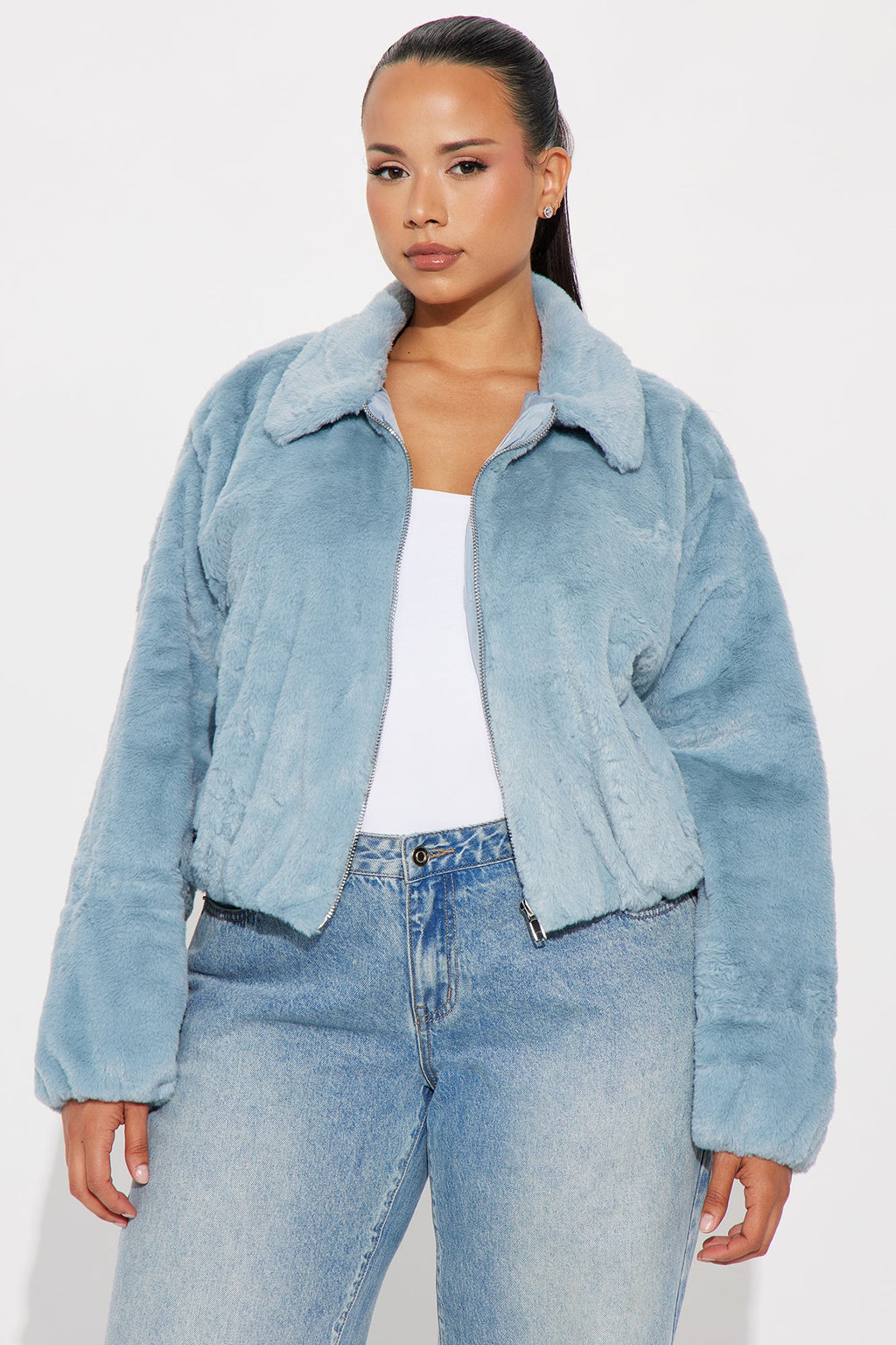 By My Side Faux Fur Bomber Jacket - Slate Blue